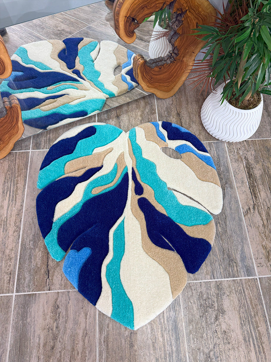 Monstera Yaprak Halı Yaprak Tufting Halısı Mavi