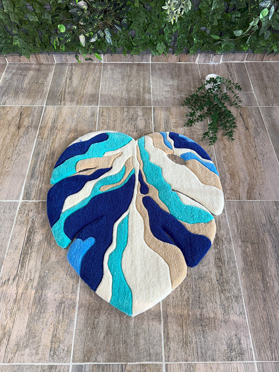 Monstera Yaprak Halı Yaprak Tufting Halısı Mavi