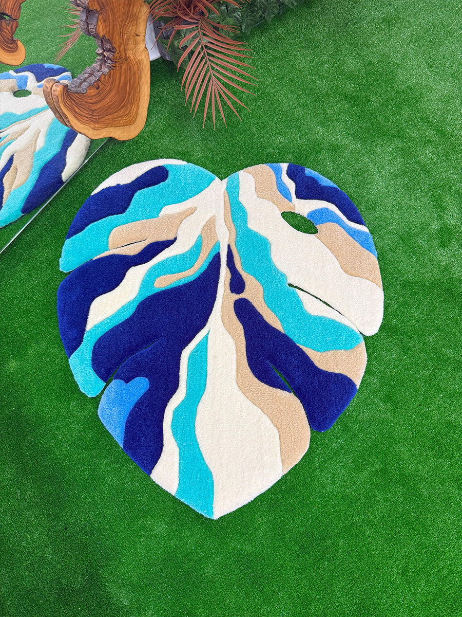 Monstera Yaprak Halı Yaprak Tufting Halısı Mavi