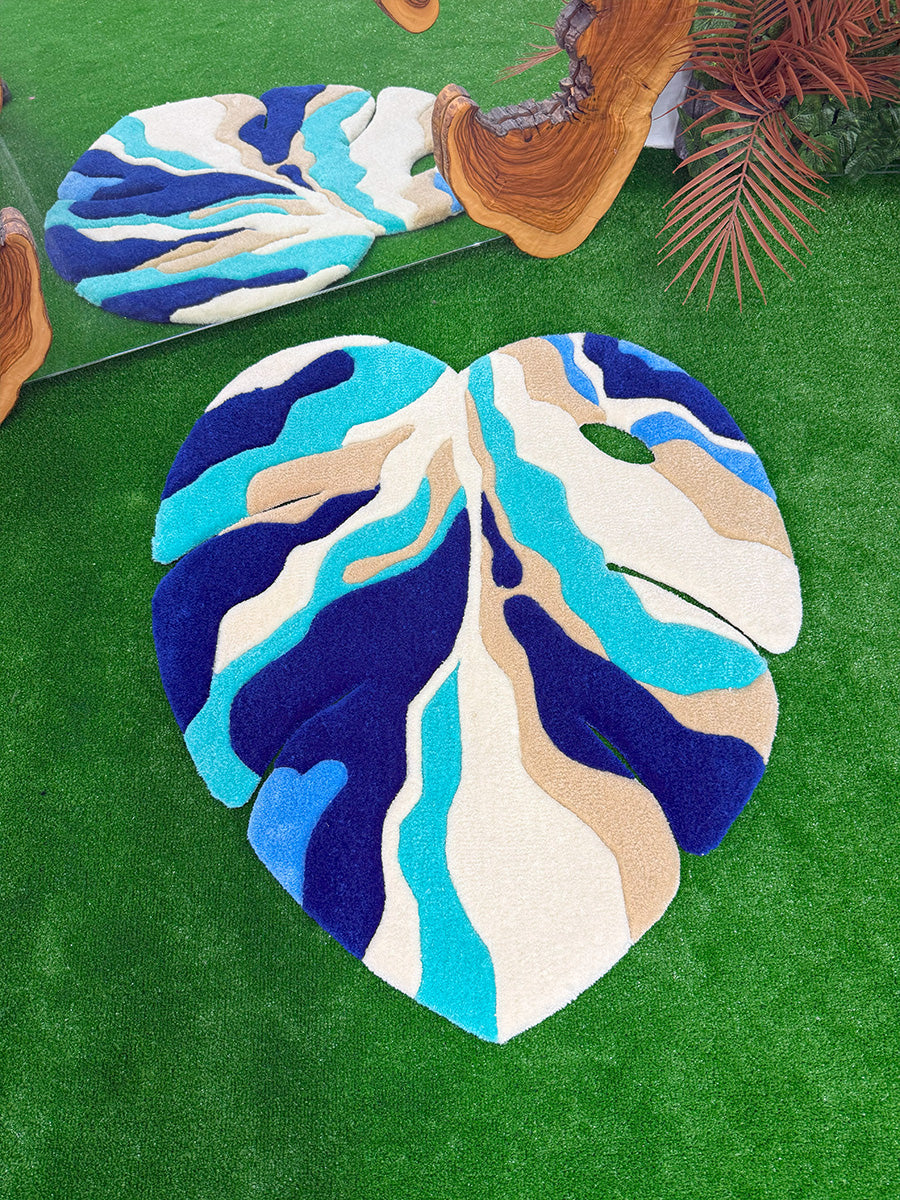 Monstera Yaprak Halı Yaprak Tufting Halısı Mavi