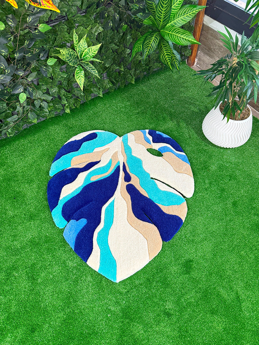Monstera Yaprak Halı Yaprak Tufting Halısı Mavi