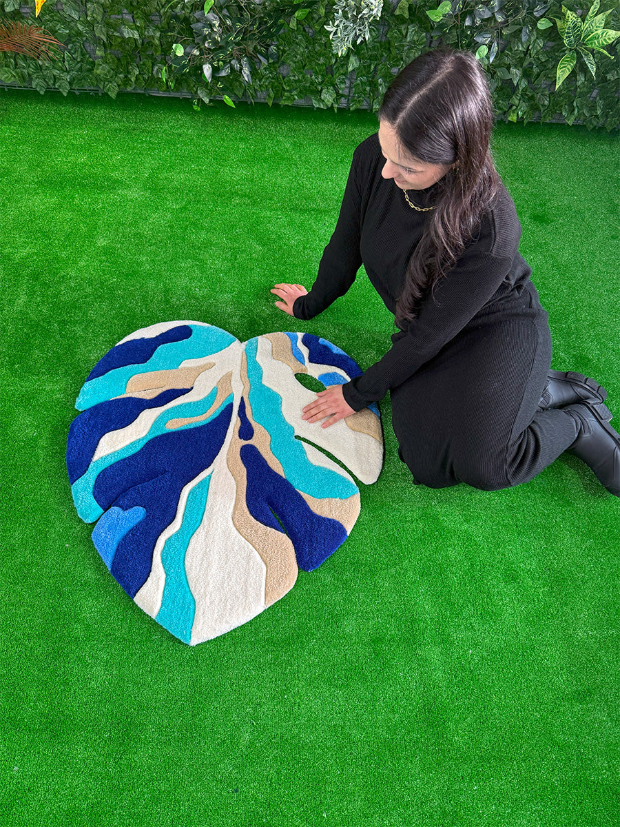 Monstera Yaprak Halı Yaprak Tufting Halısı Mavi