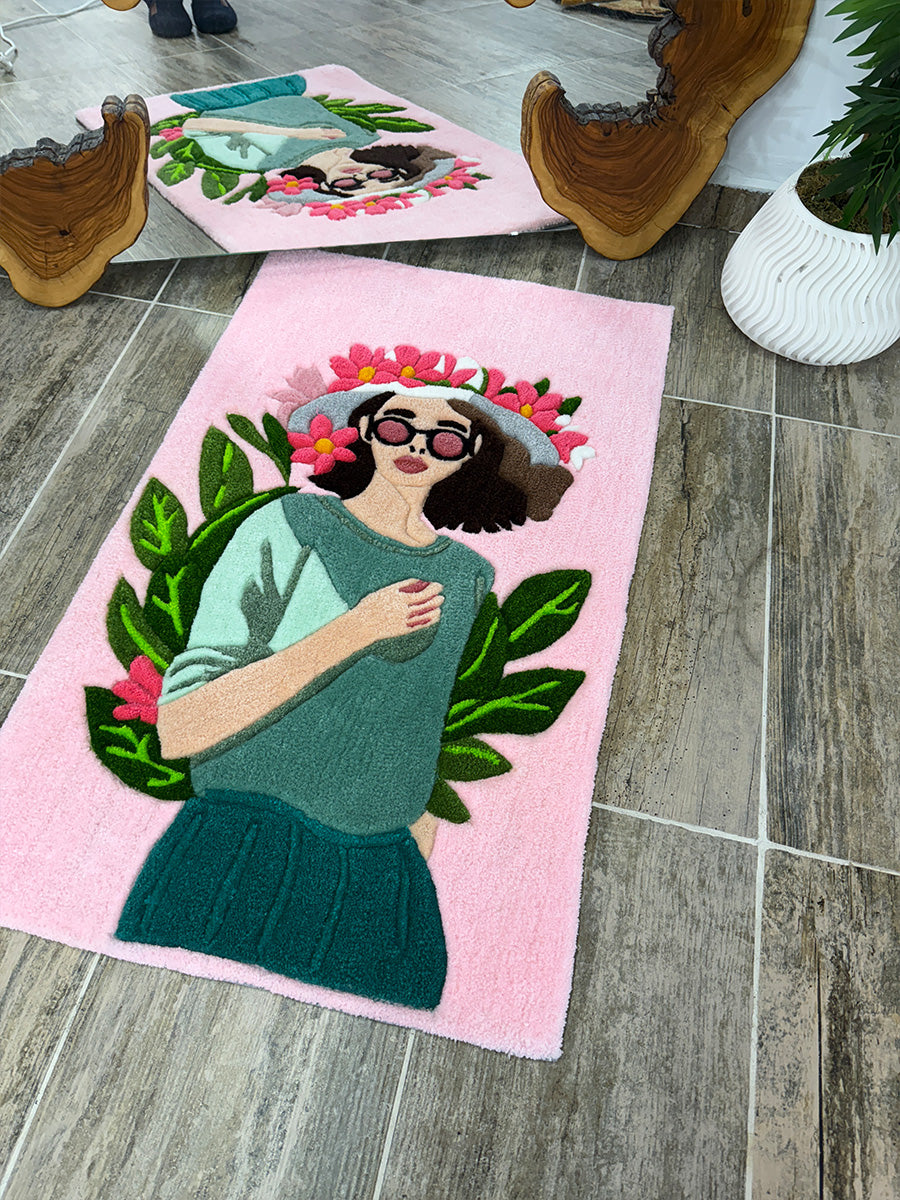 Portre Halı Sanatsal Çiçekli Kadın Tufting Halısı