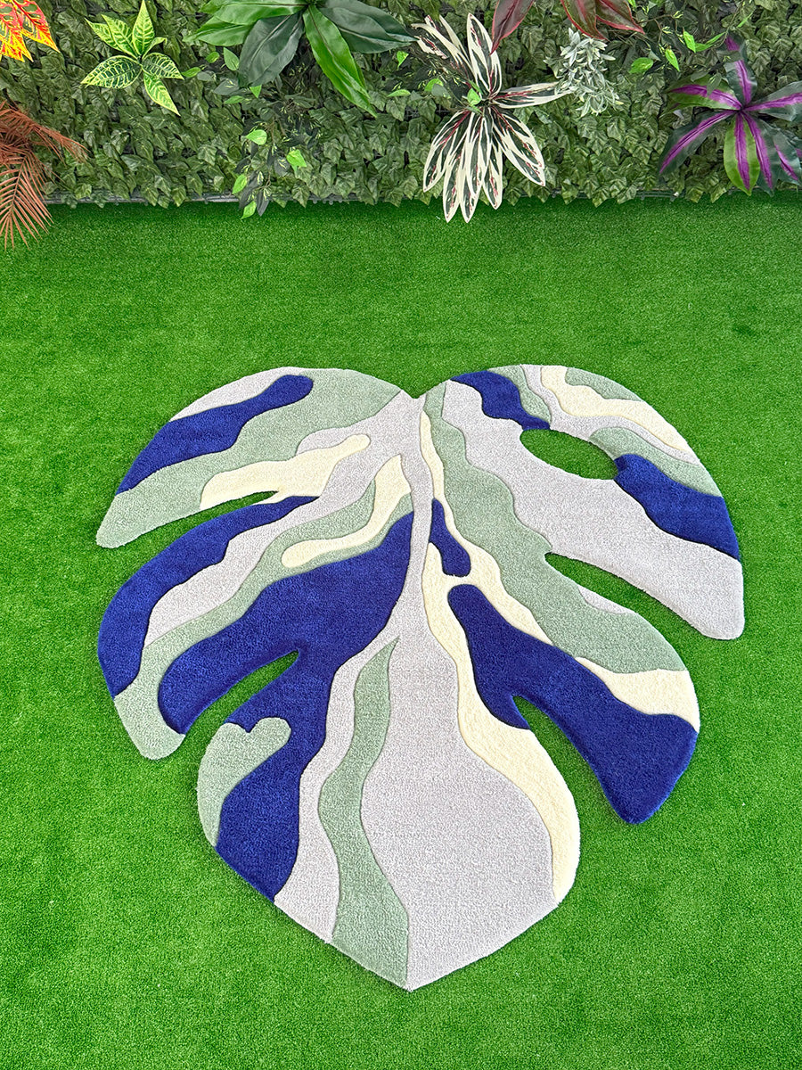 Yaprak Desen Halı Monstera Halısı Tufting Halı Mavi