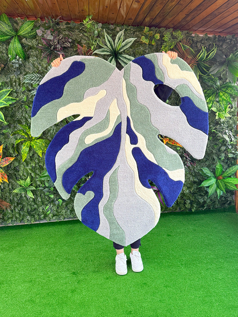 Yaprak Desen Halı Monstera Halısı Tufting Halı Mavi