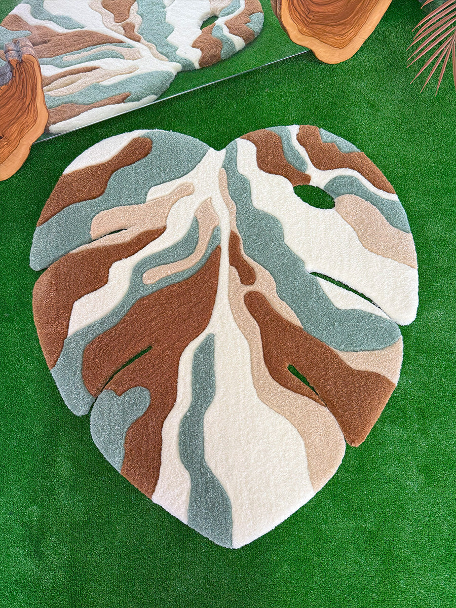 Yaprak Desenli Halı Tufting Monstera Yaprak Halı Kahverengi