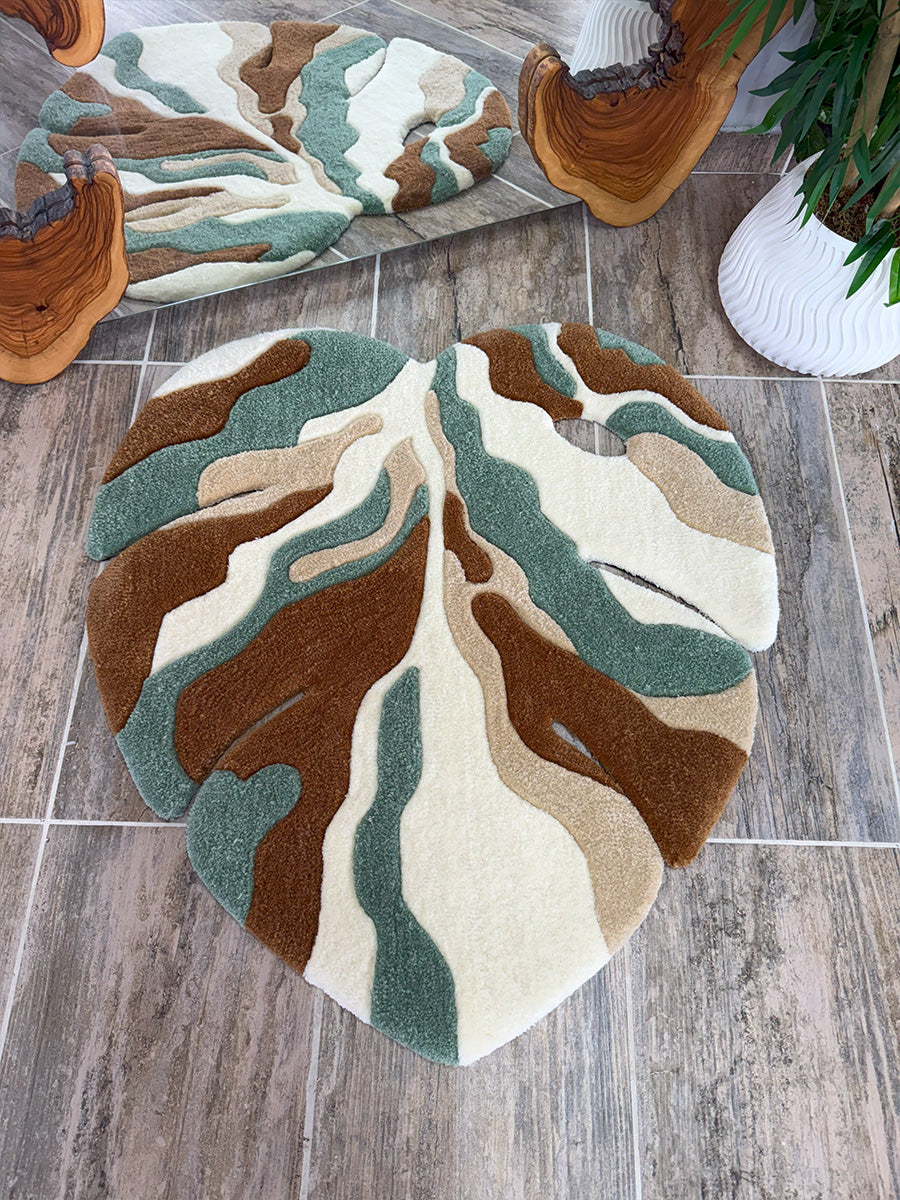 Yaprak Desenli Halı Tufting Monstera Yaprak Halı Kahverengi