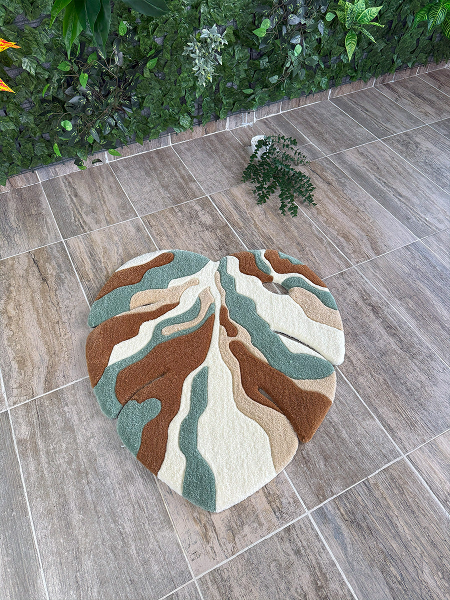 Yaprak Desenli Halı Tufting Monstera Yaprak Halı Kahverengi
