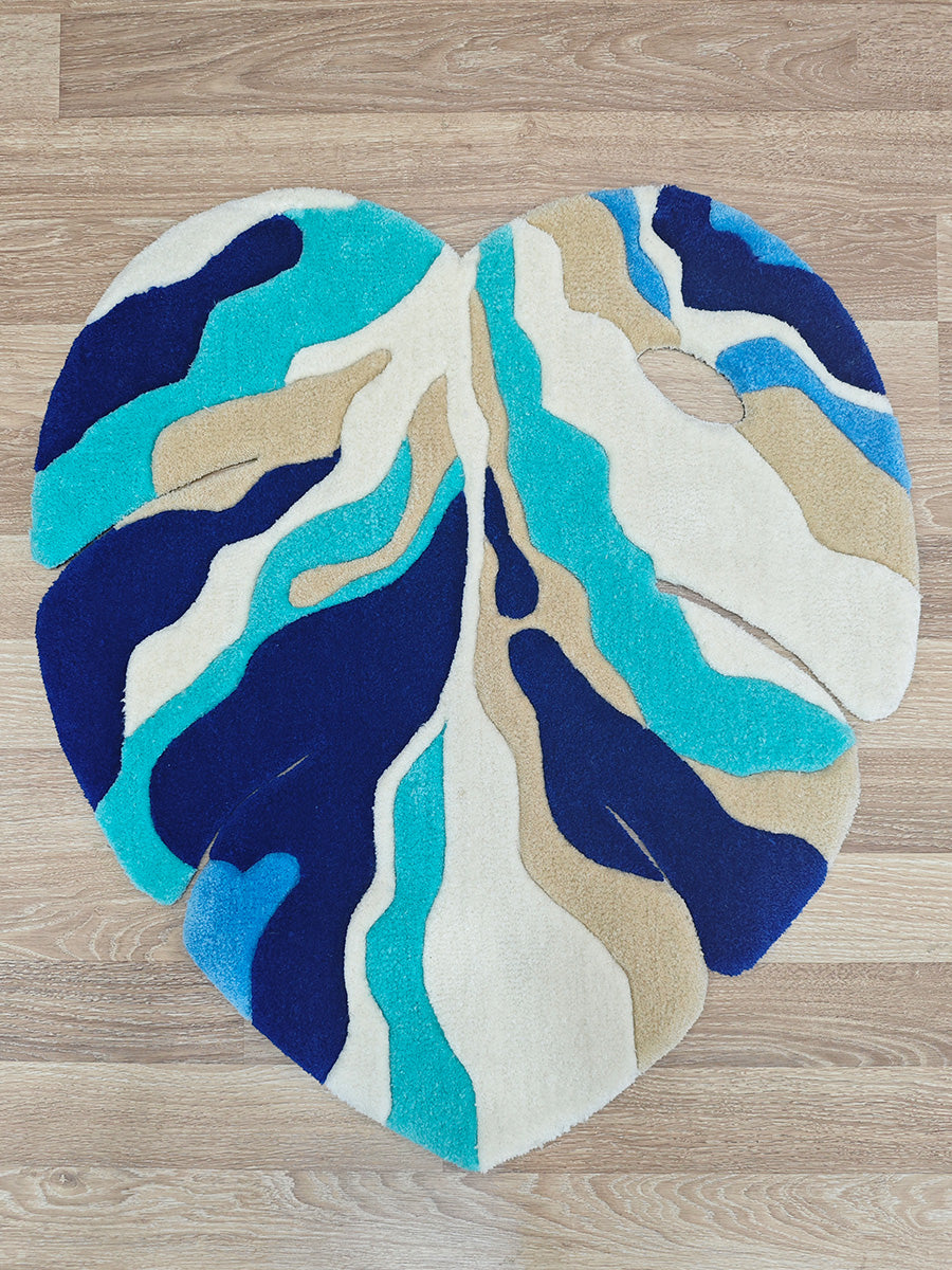 Monstera Yaprak Halı Yaprak Tufting Halısı Mavi (90x80 cm) Outlet Fırsatı