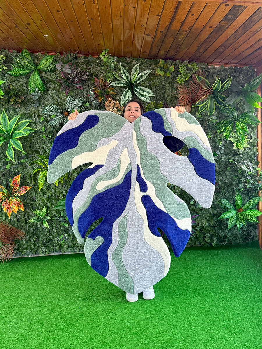 Yaprak Desen Halı Monstera Halısı Tufting Halı Mavi