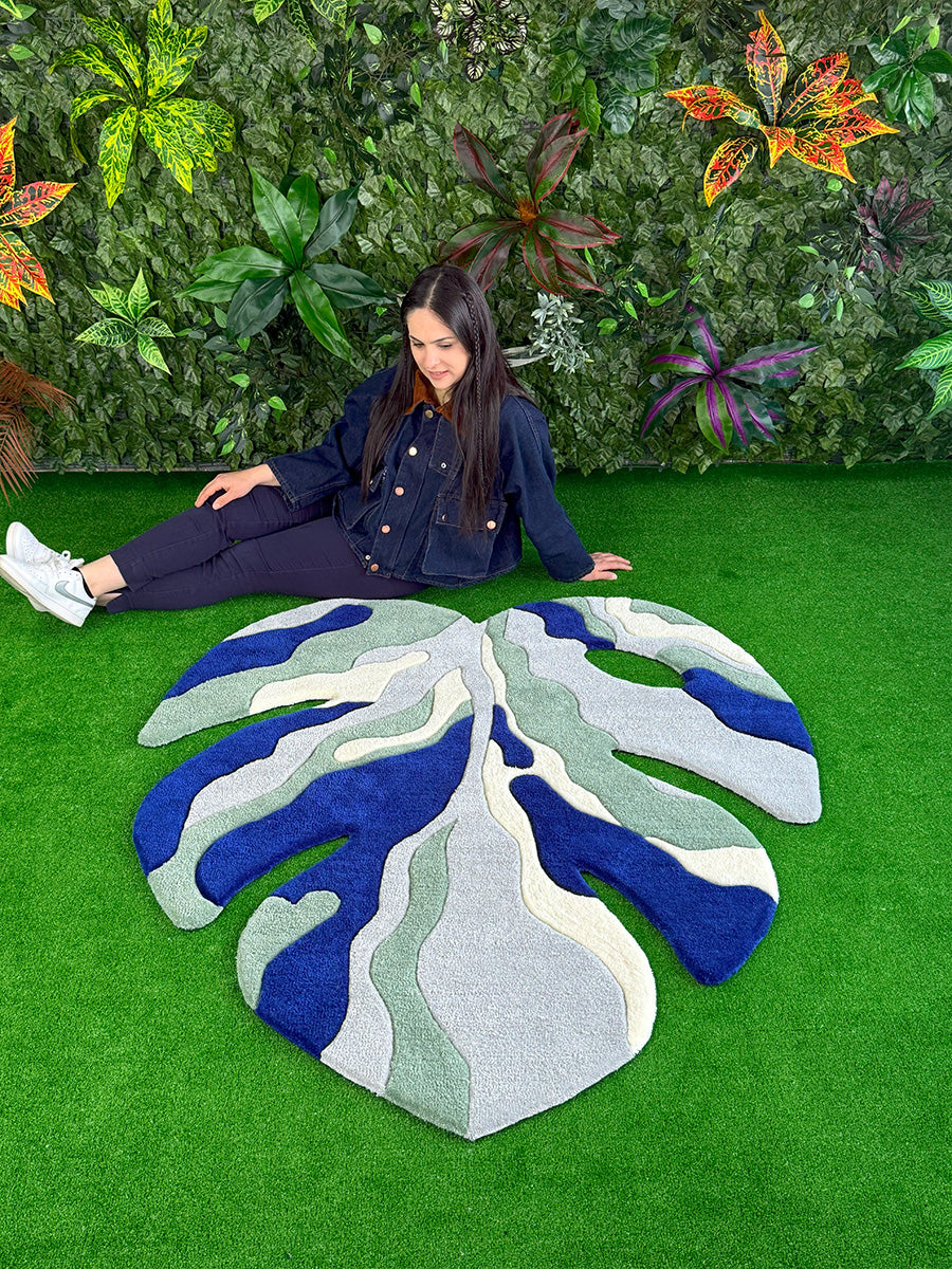 Yaprak Desen Halı Monstera Halısı Tufting Halı Mavi
