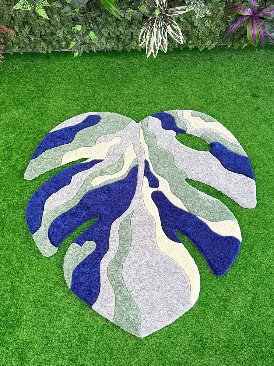 Yaprak Desen Halı Monstera Halısı Tufting Halı Mavi